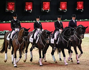 Markus Graf, Alexandra Zurbrügg, Gilles Ngovan, and Barbara von Grebel in a dressage exhibition at the 2017 CSI Basel :: Photo © CSI Basel