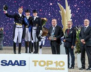 Patrik Kittel (SWE), Isabell Werth (GER), Helen Langehanenberg (GER), Håkan Buskhe (CEO Saab), Bo Jenå (chef d'equipe dressage Sweden), Gustaf Svalling (judge by C) :: Photo: Roland Thunholm