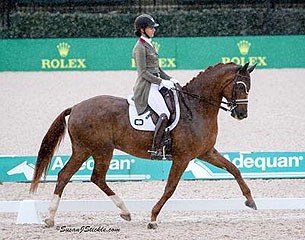 Heather Blitz and Praestemarkens Quatero perform their Inter I Freestyle in the pouring rain at the 2017 CDI Tryon :: Photo © Sue Stickle