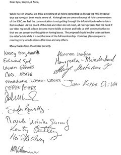 The letter the Omaha riders signed for IDRC board members Kyra Kyrklund and Wayne Channon and for FEI Rider representative Anna Paprocka-Campanella