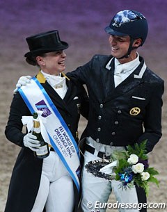 Isabell Werth and Carl Hester drenched in champagne