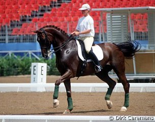 Isabell Werth schooling Gigolo in the main arena at the 1992 Olympics in Barcelona :: Photo © Dirk Caremans