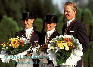 The individual podium at the 1995 European Championships: Van Grunsven, Werth, Rothenberger :: Photo © Arnd Bronkhorst