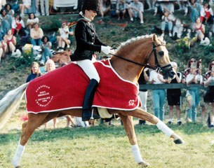 Jana Kun and Golden Dancer winning individual and team gold at the 1996 European Pony Championships in Bartahus, Denmark 