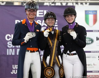 Marten Luiten, Jana Schrödter, Valentina Pistner on the Junior Kur Podium at the 2019 European Youth Riders Championships :: Photo © Astrid Appels