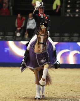 Charlotte Dujardin won the Short Grand Prix at the 2019 CDI-W London. She rode the prize giving in Gio :: Photo © Astrid Appels