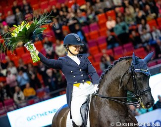 Paulinda Friberg and Di Lapponia T at the horse's retirement ceremony at the 2020 CDI-W Gothenburg :: Photo © Digishots