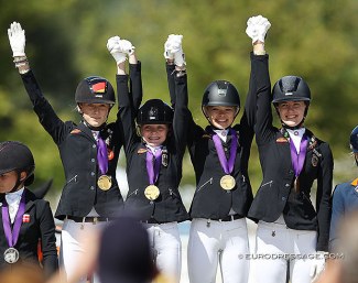 Lucie-Anouk Baumgürtel, Rose Oatley, Antonia Roth and Shona Benner win team gold for Germany at the 2020 European Pony Championships :: Photo © Astrid Appels