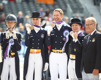 The Swedish team with Juliette Ramel, Antonia Ramel, Patrik Kittel, Therese Nilshagen, and team captain Bo Jena won bronze at the 2019 European Dressage Championships :: Photo © Astrid Appels