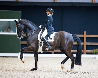 Marlies van Baalen and Go Legend (by Totilas) were the break-out stars at the 2021 CDN Tolbert last weekend, scoring 77% in the Grand Prix :: Photo © Digishots