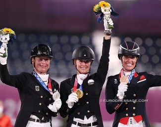 Isabell Werth, Jessica von Bredow-Werndl, Charlotte Dujardin on the individual podium at the 2021 Olympics :: Photo © Astrid Appels
