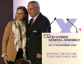 Maribel Alonso and FEI president Ingmar de Vos at the 2021 FEI General Assembly in Antwerp