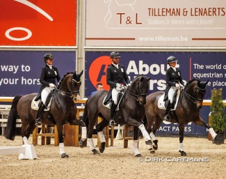 Belgian Olympic team riders Laurence Roos and Domien Michiels on their BWP horse Fil Rouge and Intermezzo van het Meerdaalhof, flanked by team reserve Alexa Fairchild on the BWP bred Dabanos d'O4 at the 2022 BWP Dressage Evening