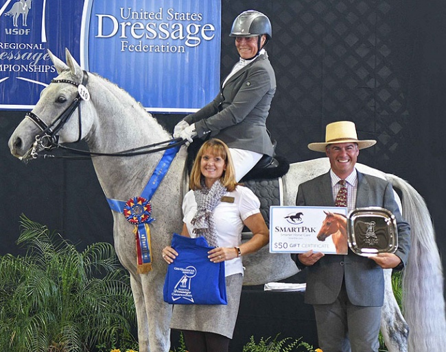 Hilda Gurney and Lotta Silver celebrate their win in the Fourth Level Freestyle on the first day of the 2018 California Dressage Society Championship Show in Burbank :: Photo © Jennifer Keeler
