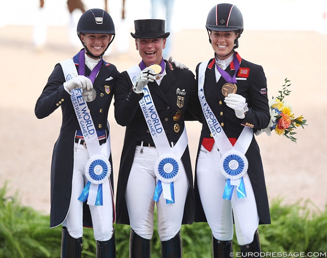 The Grand Prix Special podium at the 2018 World Equestrian Games: Graves, Werth, Dujardin :: Photo © Astrid Appels