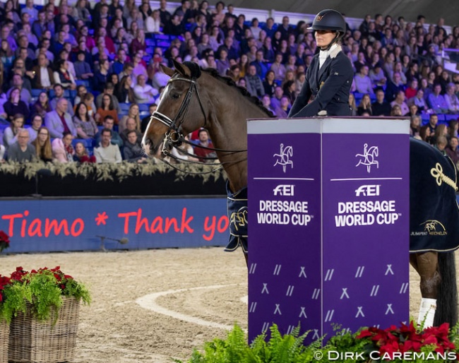 Jorinde Verwimp and Tiamo in the horse's retirement ceremony at the 2018 CDI-W Mechelen :: Photo © Dirk Caremans