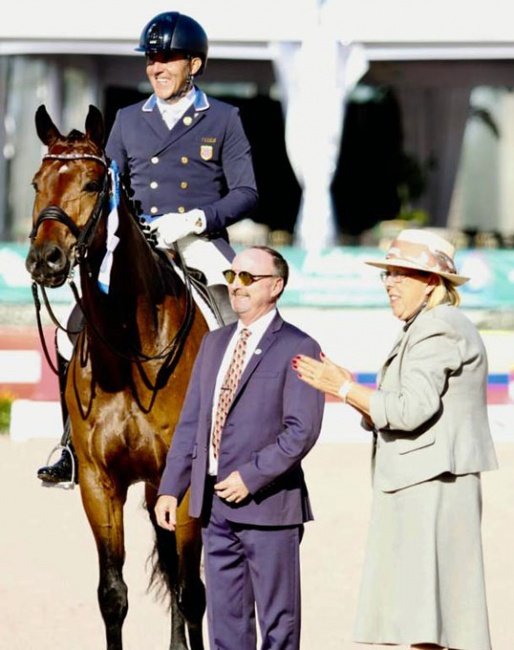 Parra and Sir Beckmann in the winner's circle at the 2019 CDI Wellington