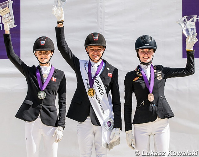The Kur Podium with Nielsen, Helgstrand and Benner at the 2019 European Pony Championships :: Photo © Lukasz Kowalski