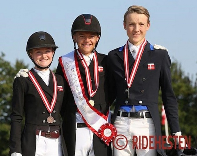 Sara Aagaard Hyrm, Alexander Yde Helgstrand and Anders Uve Sjøbeck Hoeck on the junior podium at the 2019 Danish Junior/Young Riders Championships :: Photo © Ridehesten