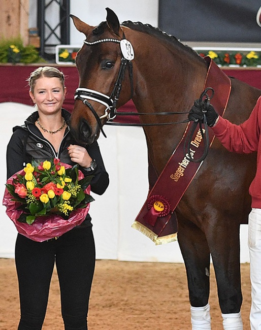 Mandy Zimmer and her champion stallion Finley (by For Romance x Diamond Hit) at the 2020 DSP Stallion Licensing in Munich