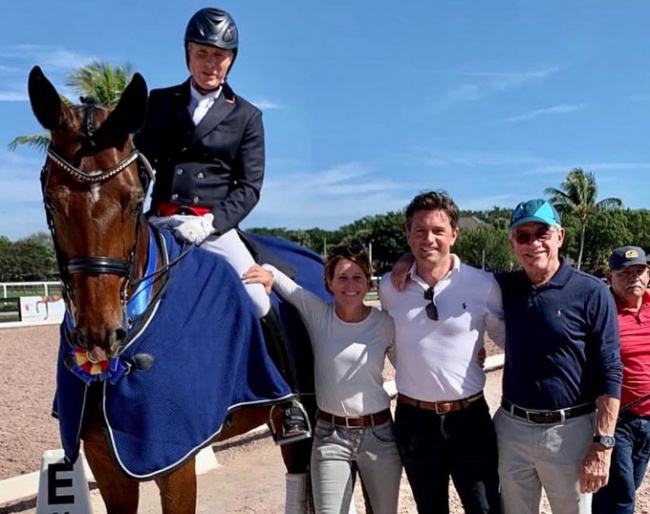 Jan Ebeling and Status Royal OLD with Amy Ebeling, coach Christoph Koschel and judge Gary Rockwell at the 2020 CDN Wellington 