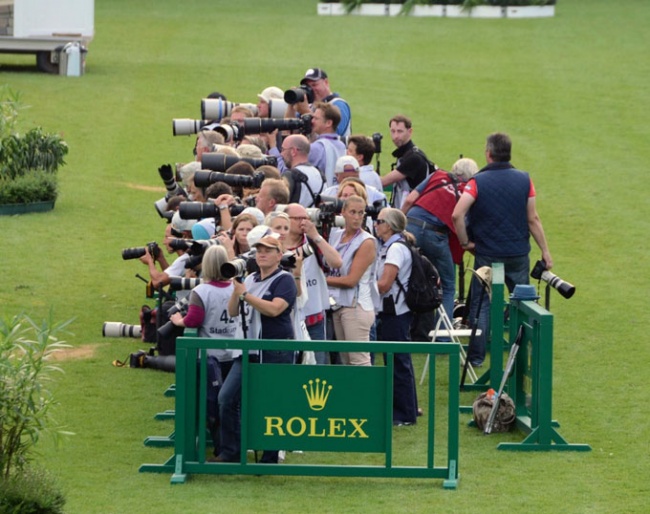 Eurodressage part of the motley crew of photographers, herded together in a pen, at the 2015 European Dressage Championships in Aachen :: Photo © Sarah Armstrong