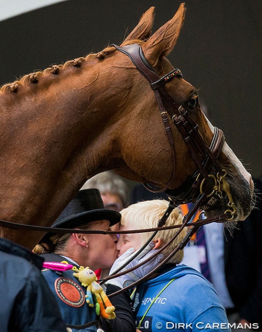 Isabell Werth kissing her son Frederic after winning the 2019 European Champion's title :: Photo © Dirk Caremans