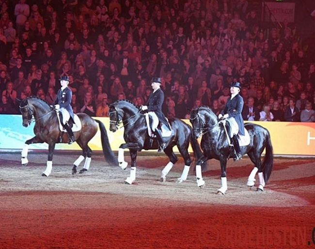 Nathalie zu Sayn-Wittgenstein on Blue Hors Zee Me Blue, Anne Van Olst on Diego and Andreas Helgstrand on Ferrari OLD at the gala show at the 2020 Danish Warmblood Stallion Licensing in Herning on 6 March :: Photo © Ridehesten