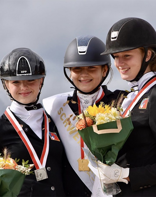 The pony podium with Schmidt, Graf and Bona, at the 2020 Swiss Dressage Championships :: Photo © Reitsportarena.ch