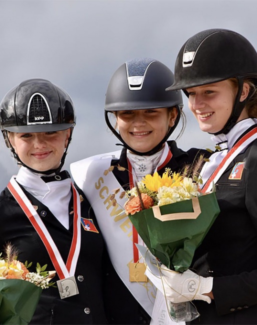 The pony podium with Schmidt, Graf and Bona, at the 2020 Swiss Dressage Championships :: Photo © Reitsportarena.ch