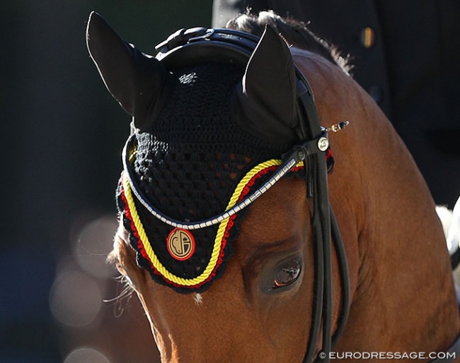 Logo of the Belgian Equestrian Federation (KBRSF) on a fly cap :: Photo © Astrid Appels