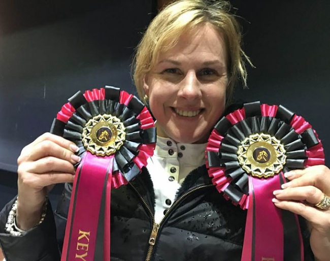 Irish Heike Holstein proudly showing the ribbons she won at Keysoe in 2019