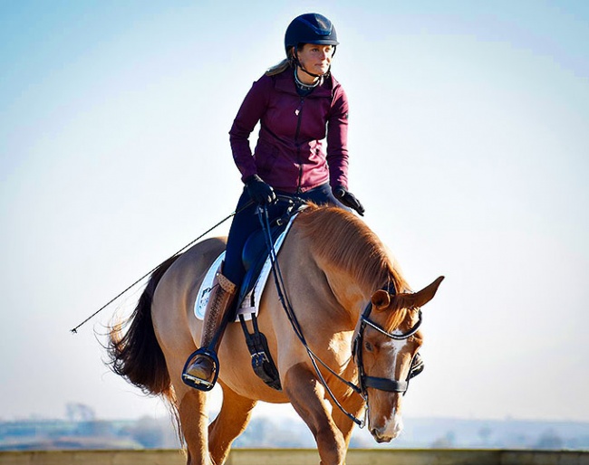 Anna Ross at Elite Dressage in Devon giving Newton Domino a pat :: Photo © Verona Thomas