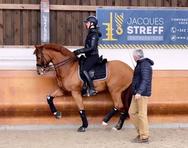 Swedish Under 25 rider Nathalie Wahlund and Cerano Gold training with Morten Thomsen at Mandy Zimmer's Windhof in Luxembourg