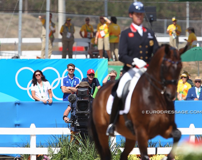 Owner Jane de la Mare watching Carl Hester compete Nip Tuck at the 2016 Rio Olympics. Carl's life partner Ben Neal and team manager Richard Waygood as well as team mate Fiona Bigwood stand in the box too