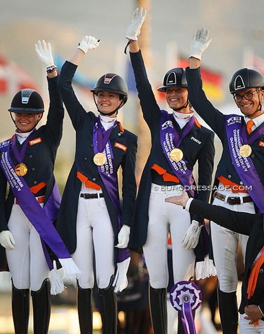 The Dutch team wins team gold at the 2021 European Young Riders Championships in Oliva Nova, Spain :: Photo © Astrid Appels