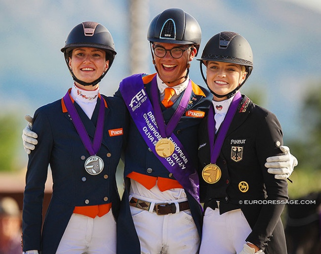 Thalia Rockx, Marten Luiten and Luca Collin on the Individual Test podium at the 2021 European Young Riders Championships :: Photo © Astrid Appels