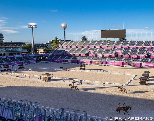 Seven judges huts ready round the 2021 Tokyo Olympic dressage ring :: Photo © Dirk Caremans