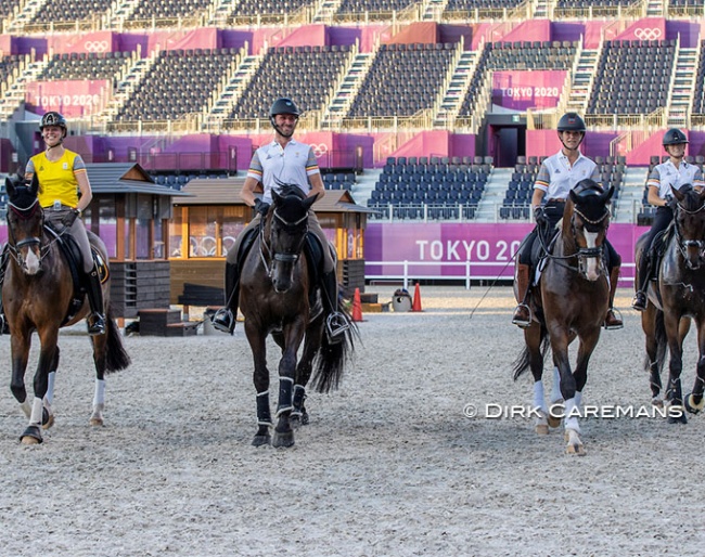 Belgian dressage team (Roos, Michiels, Pauluis, Fairchild) familiarizing their horses with the main stadium at the 2021 Olympics on 18 July 2021 :: Photo © Dirk Caremans