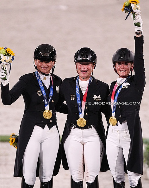 Dorothee Schneider, Isabell Werth and Jessica von Bredow-Werndl win team gold for Germany at the 2021 Olympic Games :: Photo © Astrid Appels