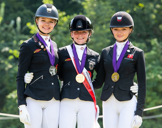 Antonia Roth, Rose Oatley and Sophia Obel Jorgensen on the Individual Test podium at the 2021 European Pony Championships :: Photo © Astrid Appels