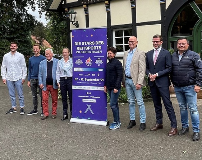 The organizing committee and dignitaries attending Press conference at Hof Kasselmann leading up to the 2021 European Dressage Championships in Hagen