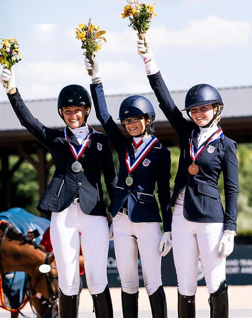 Kylie and Lexie Kment and Kat Fuqua on the Individual Test podium at the 2021 North American Junior Riders Championships :: Photo © USEF