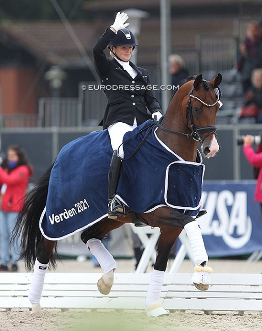 Jeanna Hogberg and Hesselhøj Down Town win the 5-year old Finals at the 2021 World Young Horse Championships in Verden :: Photo © Astrid Appels