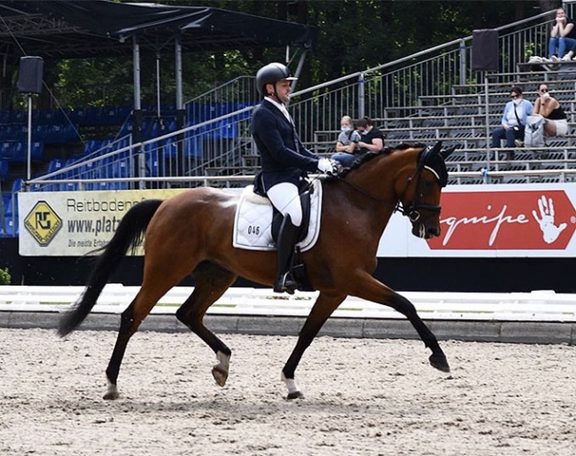 New Zealand's Thomas Oldridge and Beautiful Mind in the 5-year old dressage horse division at the 2021 Bundeschampionate in Warendorf, Germany