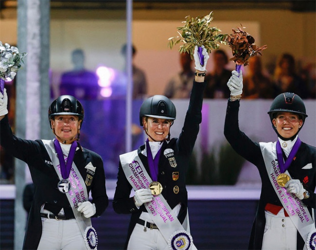 Isabell Werth, Jessica von Bredow-Werndl, Cathrine Dufour on the GP Special podium at the 2021 European Dressage Championships :: Photo © Stefan Lafrentz
