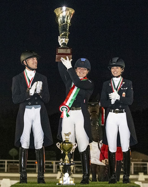 The senior Grand Prix podium with Szokola, Yom Tov and Losonczy at the 2021 Hungarian Dressage Championships :: Photo © Anett Somogyvari