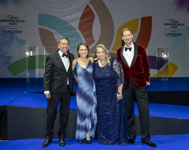 Peter Bollen from Cavalor, Carmen Thiemann (FEI Best Groom 2020), Marie Johansson (FEI Best Groom 2021) and Patrik Kittel at the 2021 FEI Awards :: Photo © Dirk Caremans
