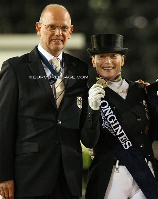 IDRC secretary-general Klaus Roeser and IDRC president on the podium at the 2017 European Dressage Championships