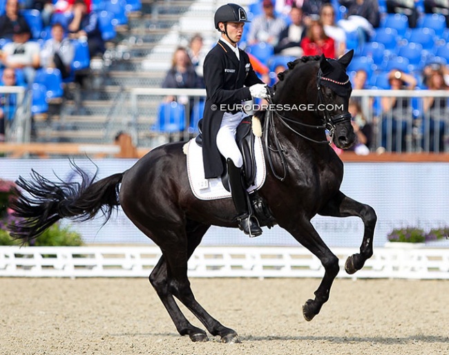 Raphael Netz and Elastico in a pirouette at the 2021 European Under 25 Championships in Hagen :: Photo © Astrid Appels